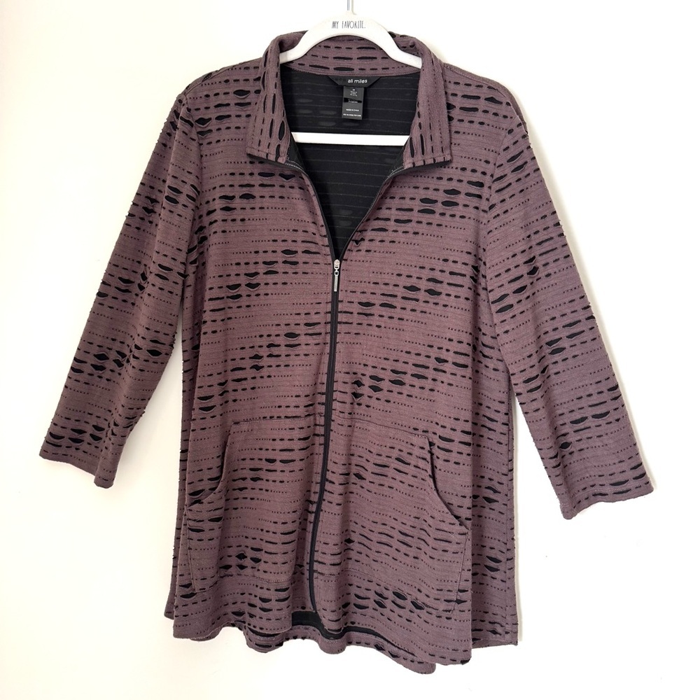 Ali Miles Black and Brown Diagonal pattern Full Zip Tunic Top